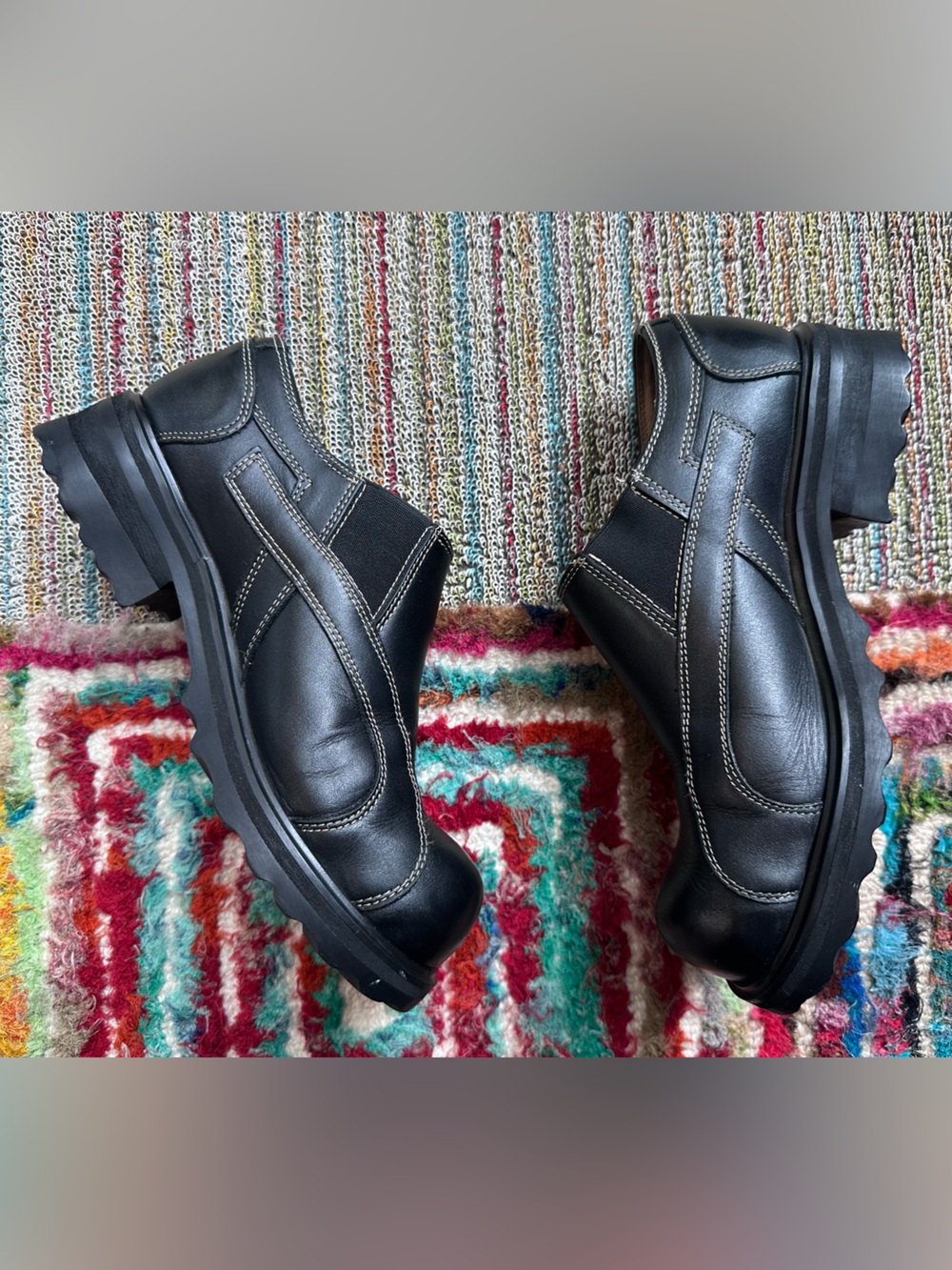 Fluevog VINTAGE EXCELLENT F-Shoe Angie black slip-on w/ contrast beige stitch -7 - Picture 8 of 16